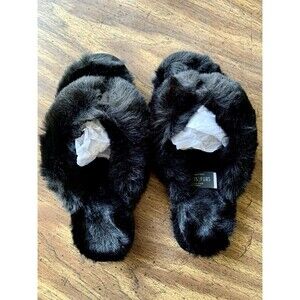 NWT Donna Salyers Fabulous Furs Black Faux Fur Flip-Flops Slippers Size L 9-10